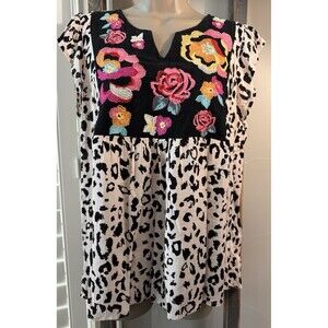 Savanna Jane Women Leopard Print Short Ruffle Sleeve Floral Embroidery Top Small